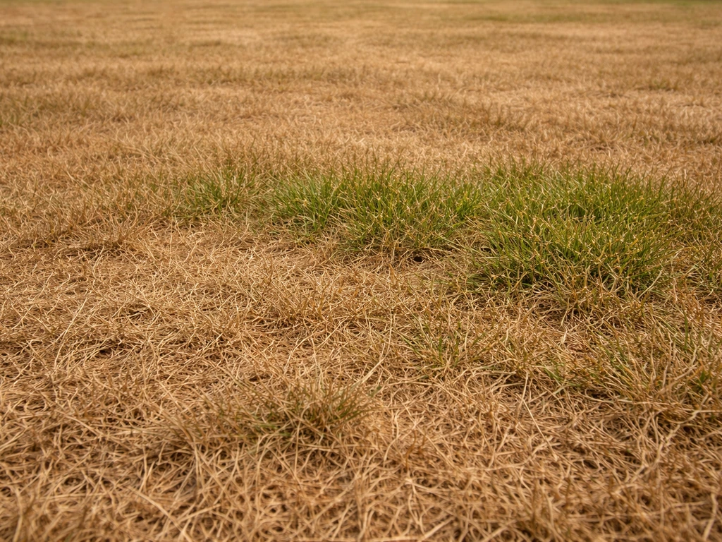 Bruin verdroogd gazon met enkele subtiel groenere plekken als contrast door droogte en hittestress.