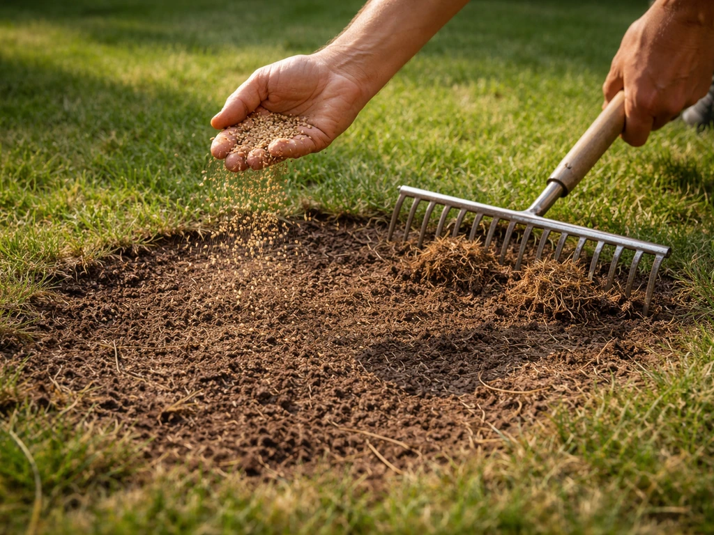 Tuinier die dood gras losharkt en herstelgraszaad uitstrooit op een kale grasplek