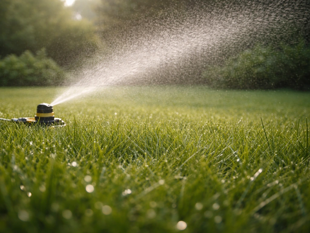 Vroege-ochtend begieten van hersteld gazon met fijne tuinsproeier; vochtige grassprieten en zacht daglicht.