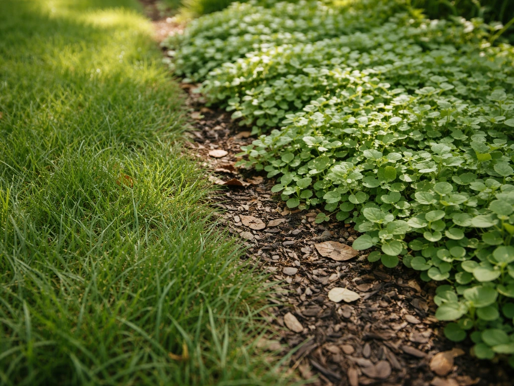 Close-up van bodembedekker tussen gras in een gazonrand, met natuurlijke tuinbodem en zacht daglicht.