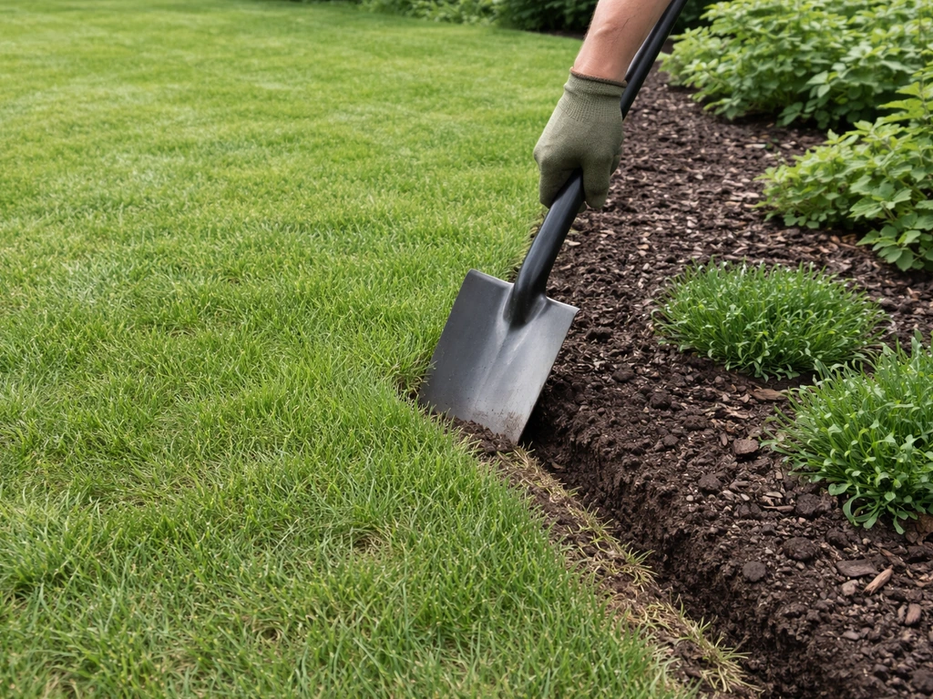 Scherpe rand langs het gazon: spadeschep steekt gras terug bij een beplantingsvak met bodembedekkers.