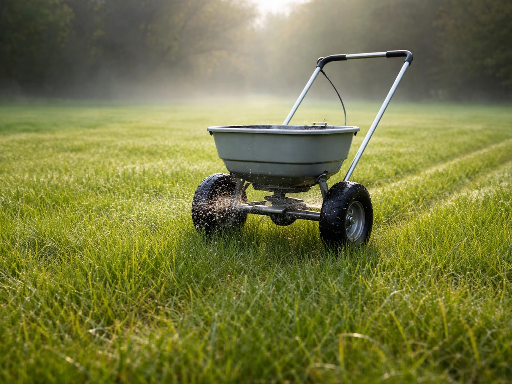 Vroege-voorjaar gazon in Nederland met strooiwagen die over nieuw groen rijdt