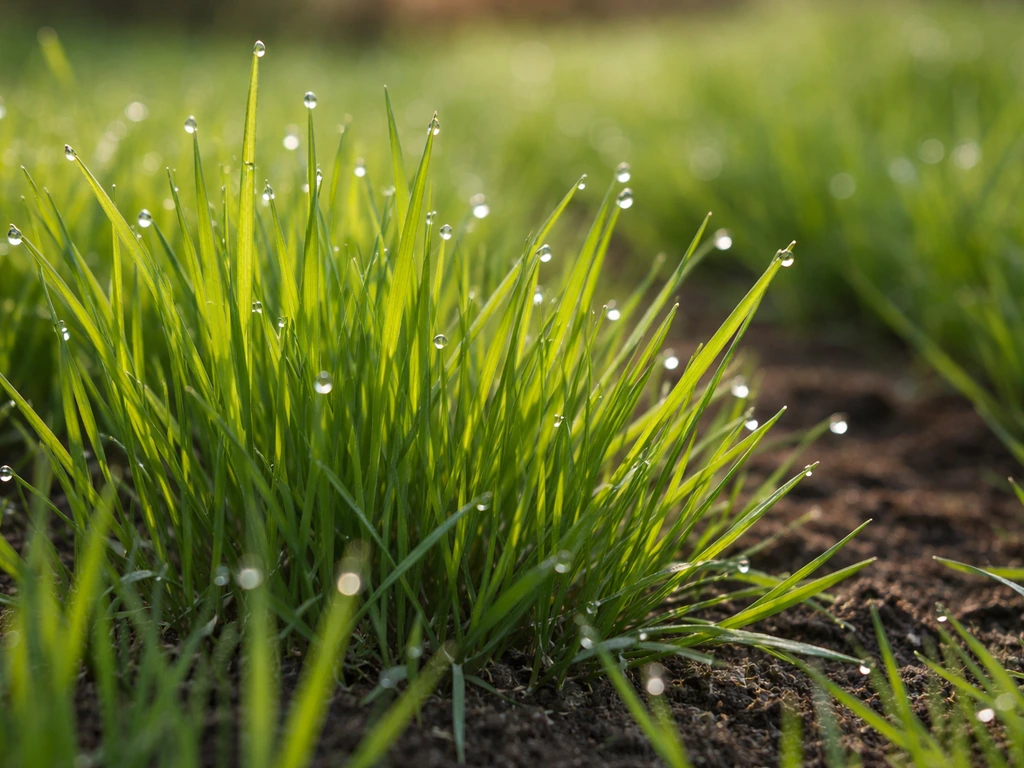 Close-up van uitlopend, lichtgroen voorjaarsgras met dauwdruppels en zichtbare aarde