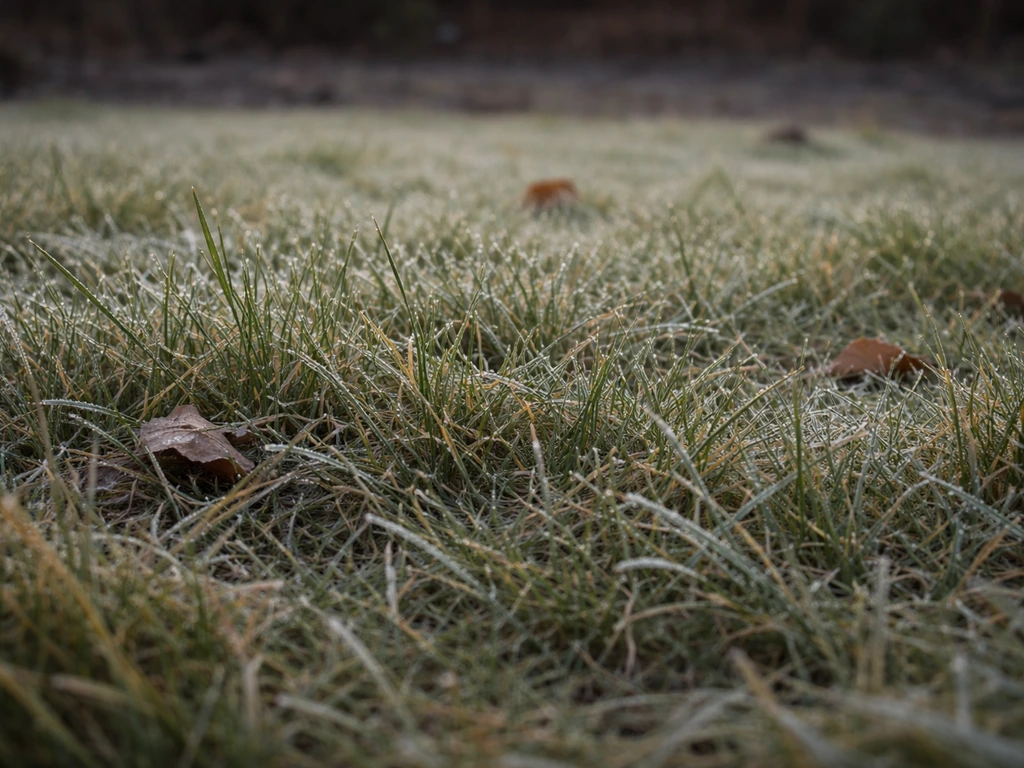 Dof, trager groeiend gazon in de winter met rijm en lage herfst-/winterkleuren, zonder mensen.