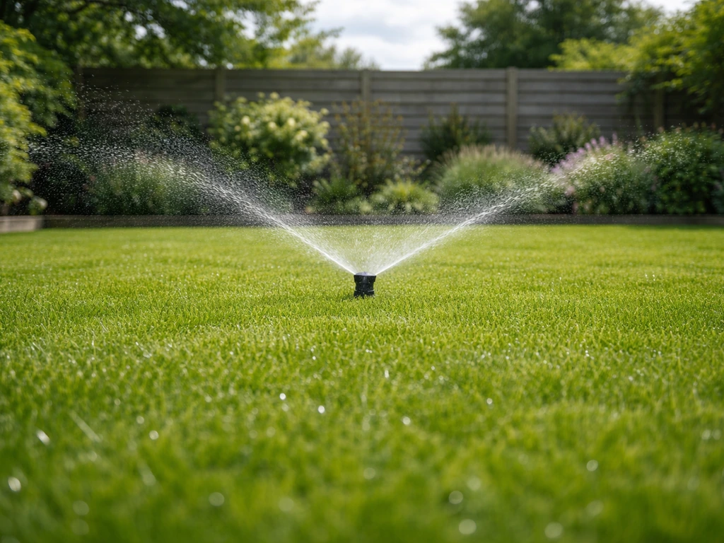 Een sprinkler sproeit direct na het bemesten over het gazon, met zichtbaar nat wordend gras.