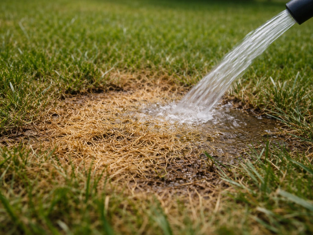 Close-up van geel en bruin gazon dat voorzichtig wordt doorgespoeld met water.