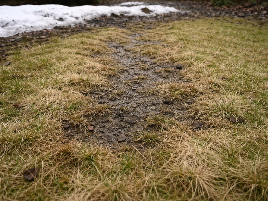 Vochtige, verdichte tuinplekken met viltig afgestorven gras na het wegsmelten van sneeuw