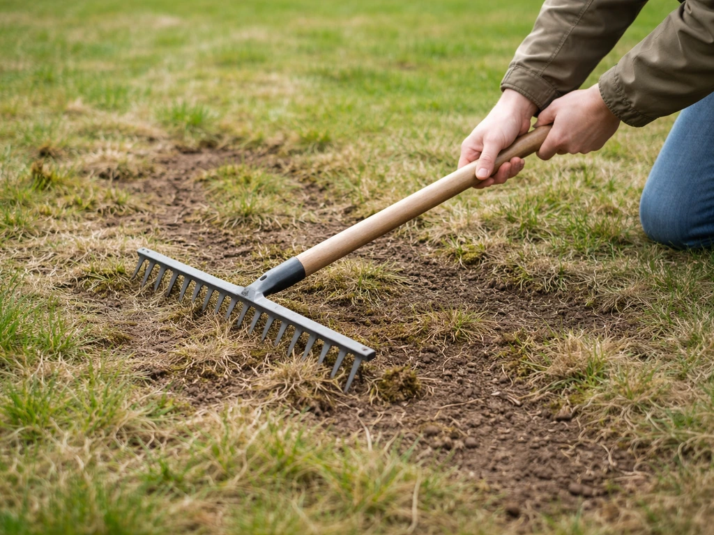 Voorjaar gazon met zichtbare kale plekken, een handmatige verticuteerhark en bodemresten op de grond.