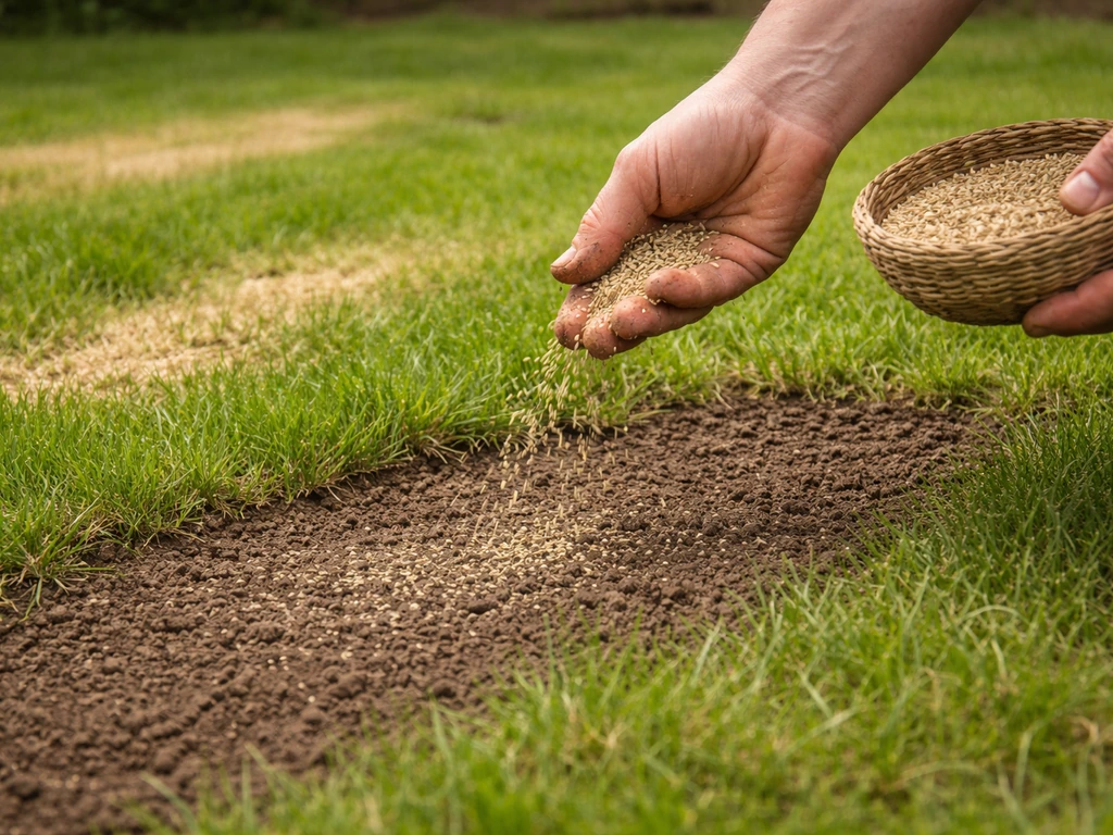 Hand die graszaad uitstrooit op kale plekken in het gazon, gevolgd door licht inwerken en aanwalsen.