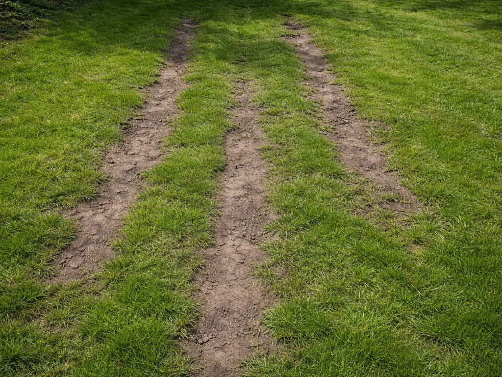 Bovenaanzicht van een Nederlands gazon met kale en verdichte vertrappingsplekken die herstel van hoefbevangen gras nodig