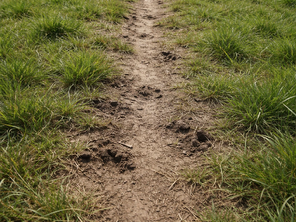 Kale en dunne grasplekken op een looproute, met sporen van vertrapping in het weiland.