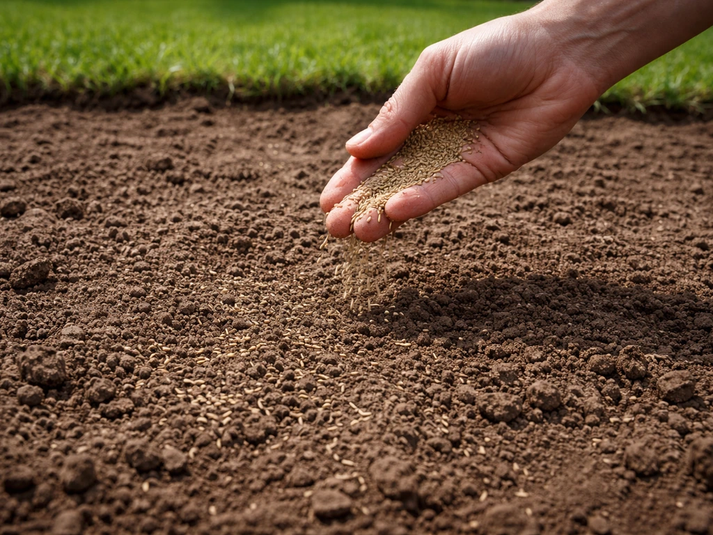Hand strooit graszaad op losgeharkte kale grond in de tuin, met grasrand op de achtergrond.