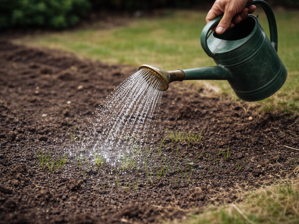 Hand met fijne sproeier die net ingezaaid gras licht besproeit op herstelde grond.