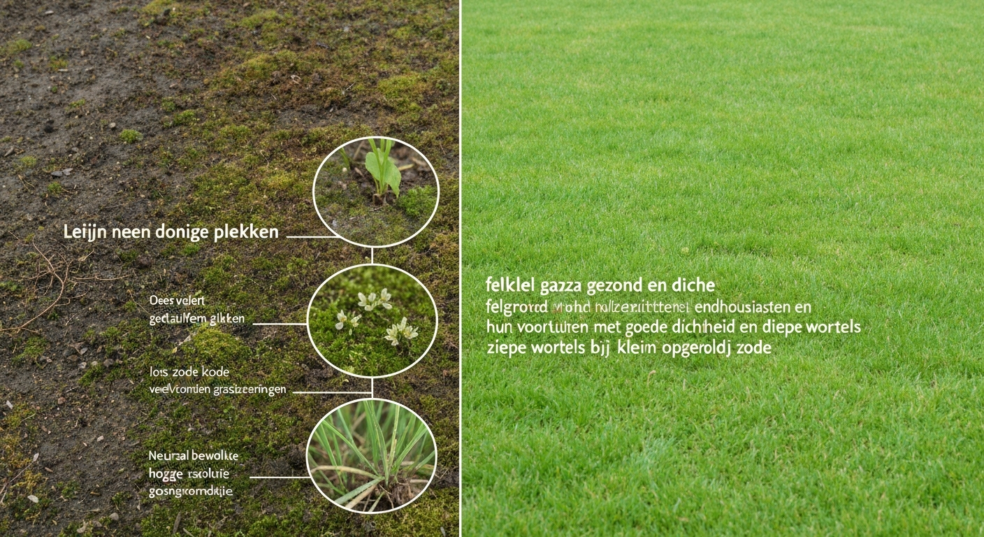 Split-screen: dood/bruin gazon links en gezond groen gazon rechts in Nederlandse achtertuin.