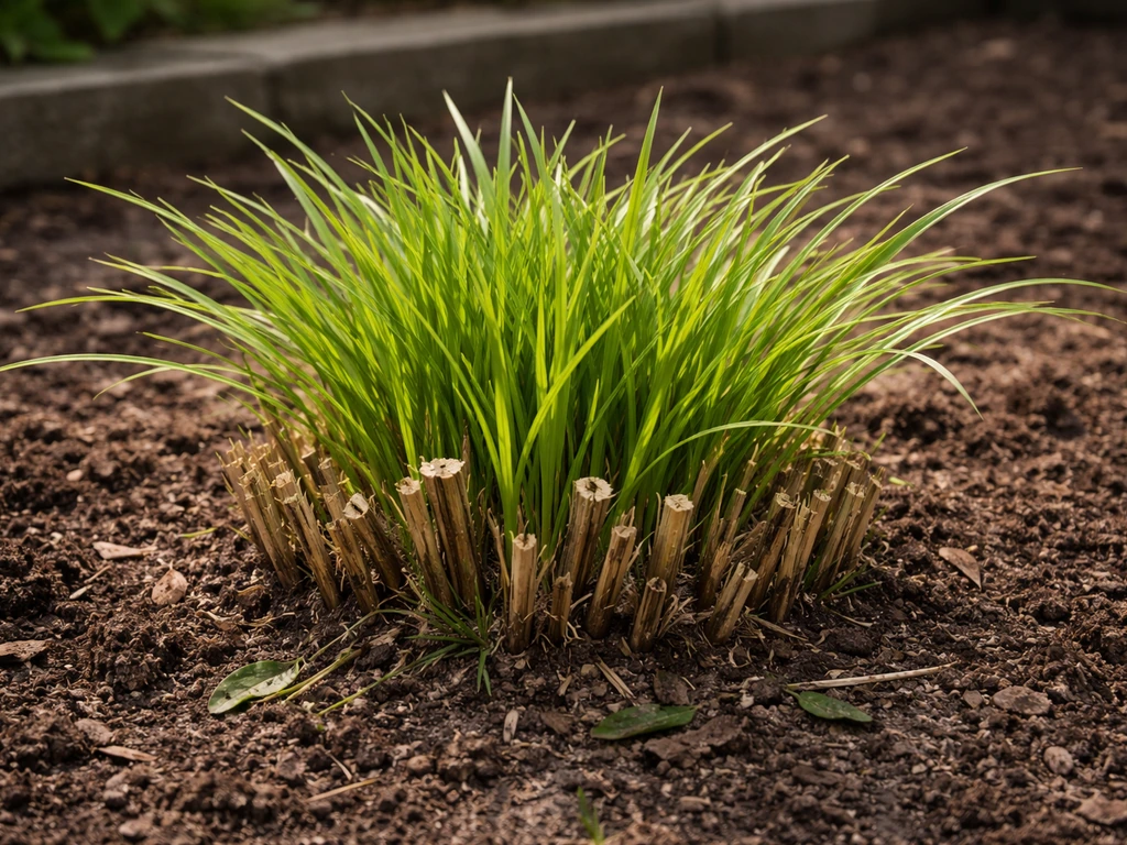 Voorbeeld van Japans siergras in een Nederlandse tuin, net gesnoeid met frisse uitlopers in het voorjaar.