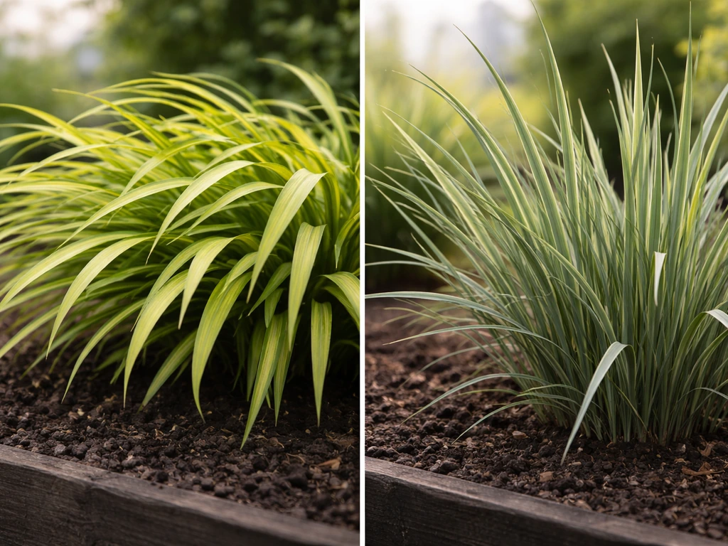 Close-ups van siergrassen in een tuin met labels die niet zichtbaar zijn, die ‘Japans gras’ verwarring tonen