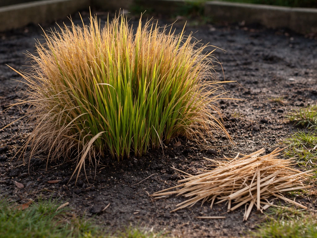 Pol siergras in vroege lente met zachte knipresten op een tuinbed, klaar voor maart-snoei.