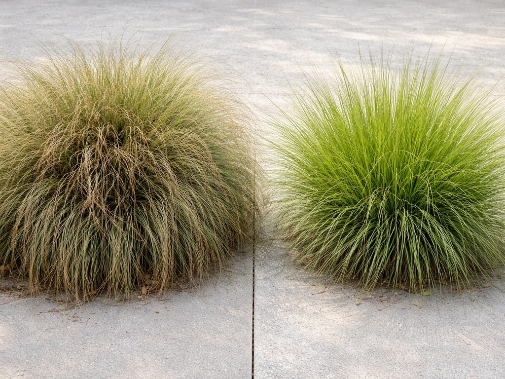 Linkerkant dichte Stipa-pol met bruin dood blad, rechterkant net teruggeknipte Stipa met licht in het hart