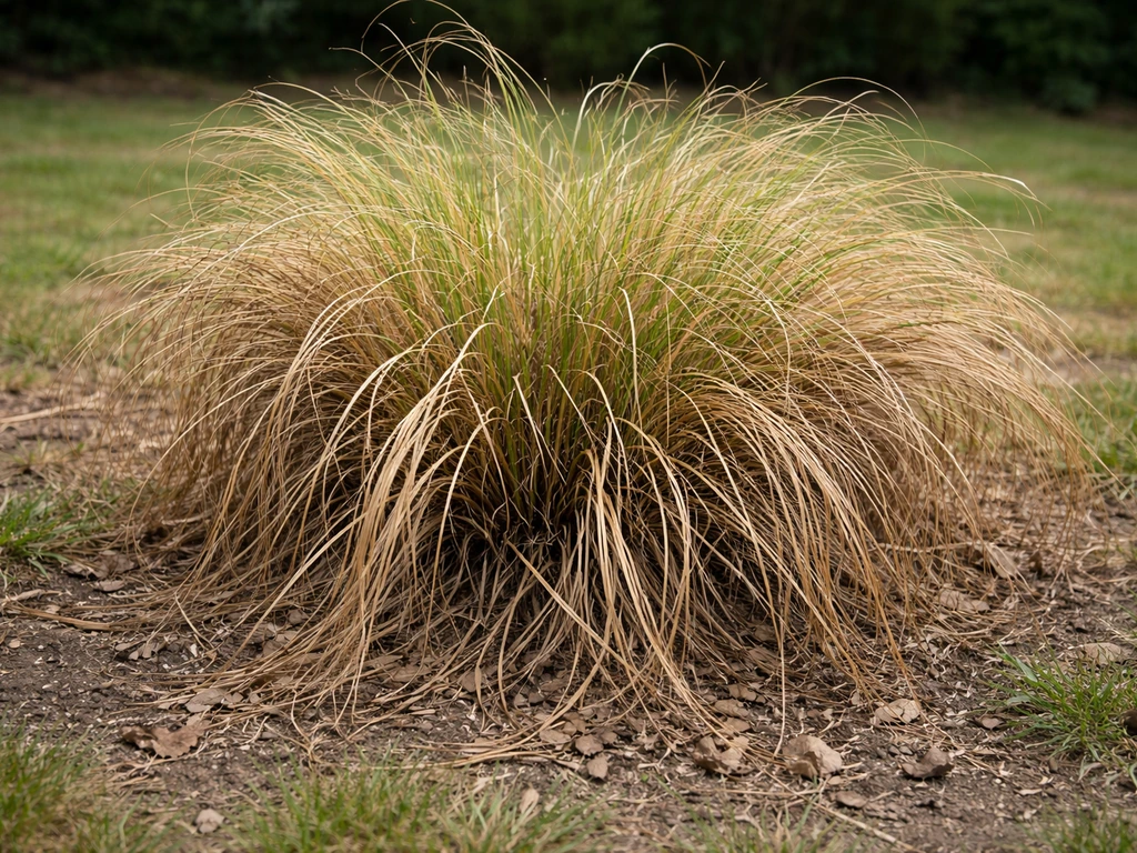 Stipa-pollen in een tuin met veel bruine, dode bladeren vóór het terugknippen