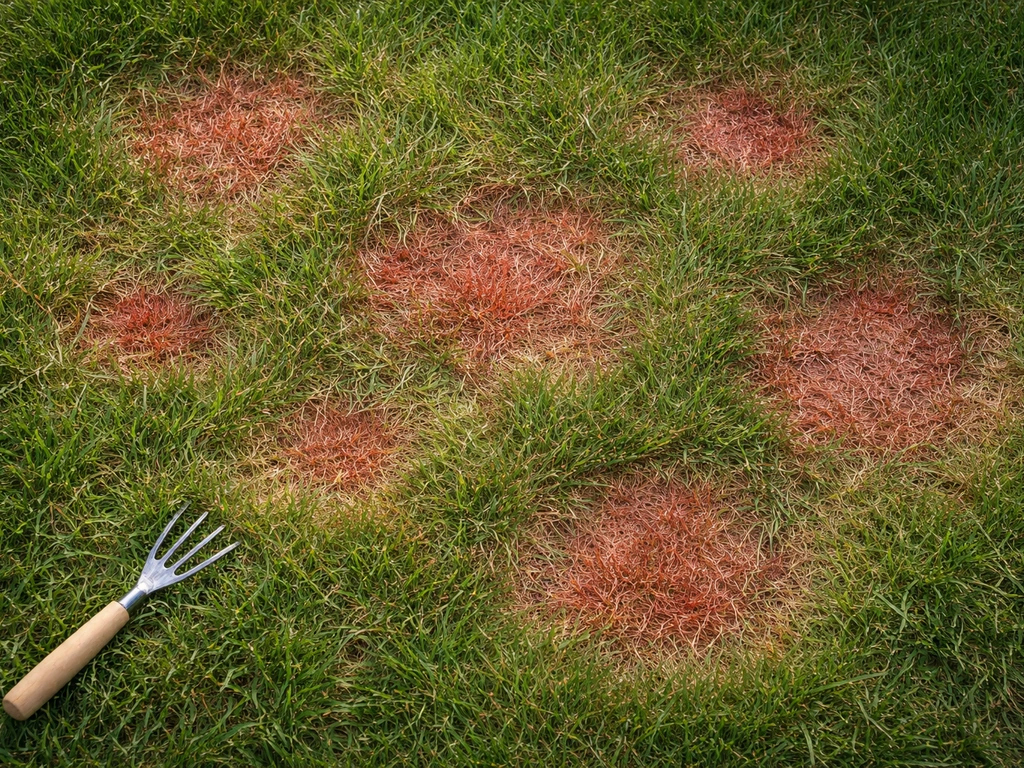 Bovenaanzicht van een gazon met meerdere rood/rossig verkleurde plekken in het gras.