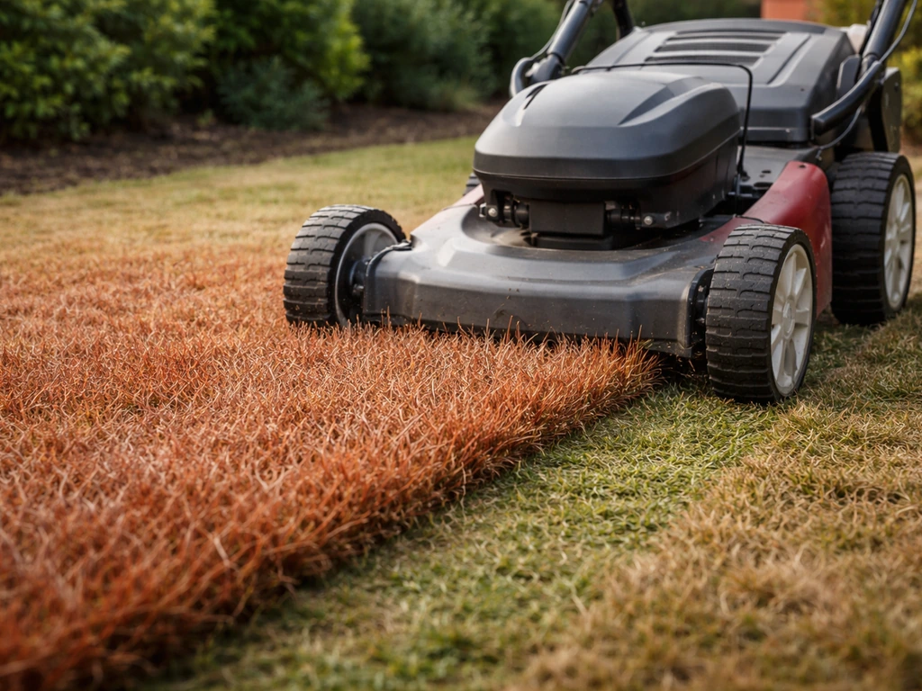 Tuinmaaier die droog rood gras maait, met scherpe maaihoogte op verkleurd gras in zacht ochtendlicht.