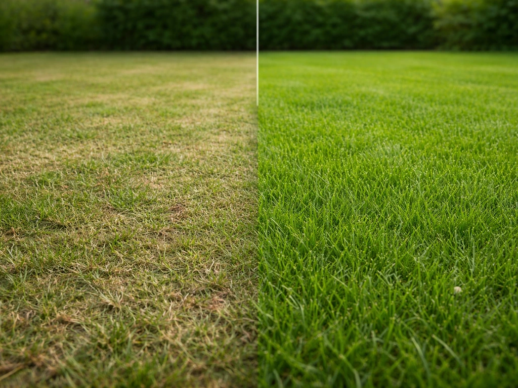 Vergelijking van gazonlinks net gemaaid met lichte roodige verkleuring en rechts weken later meer groen en hergroei.