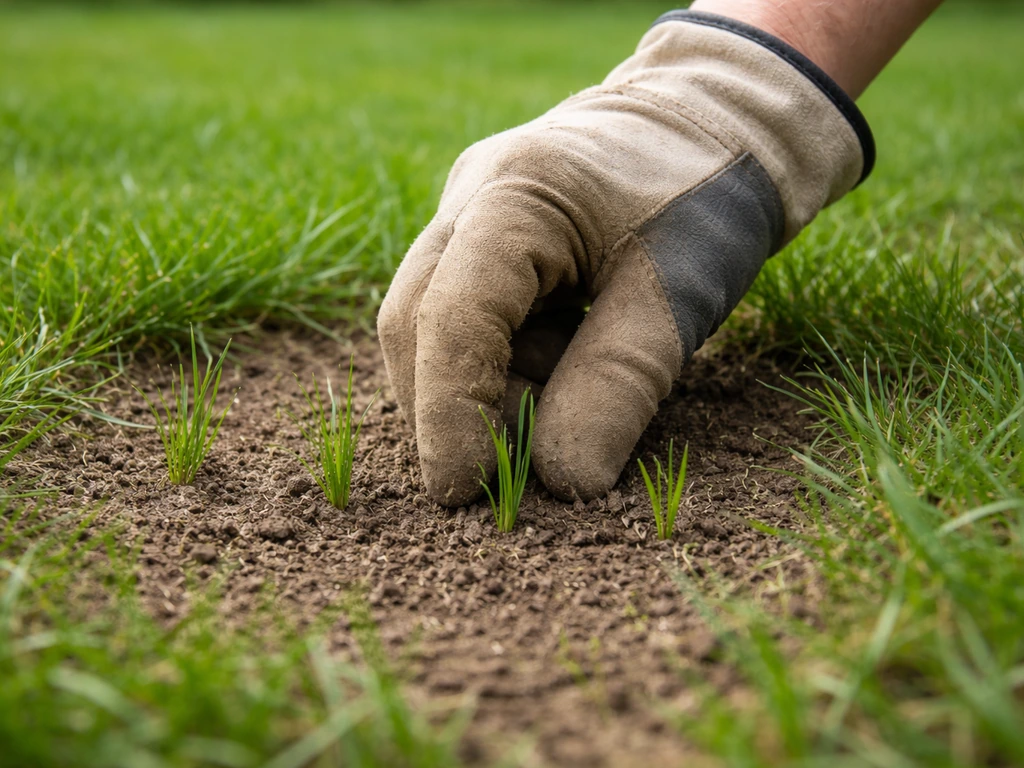 Close-up van Engels raaigras in een Nederlands gazon met kale plek, terwijl anonieme hand stekken in de grond zet.