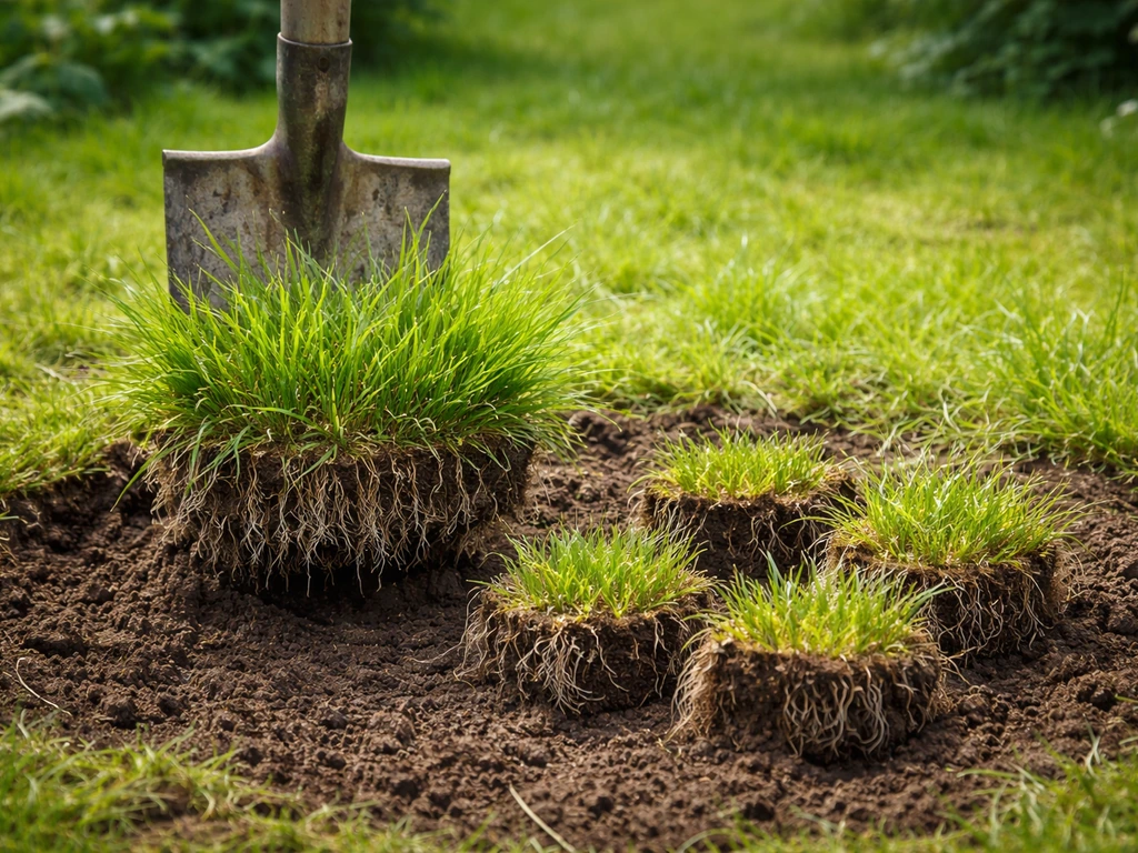 Spade in een pol Engels raaigras, met duidelijk opgedeelde kluiten klaar om opnieuw te planten.