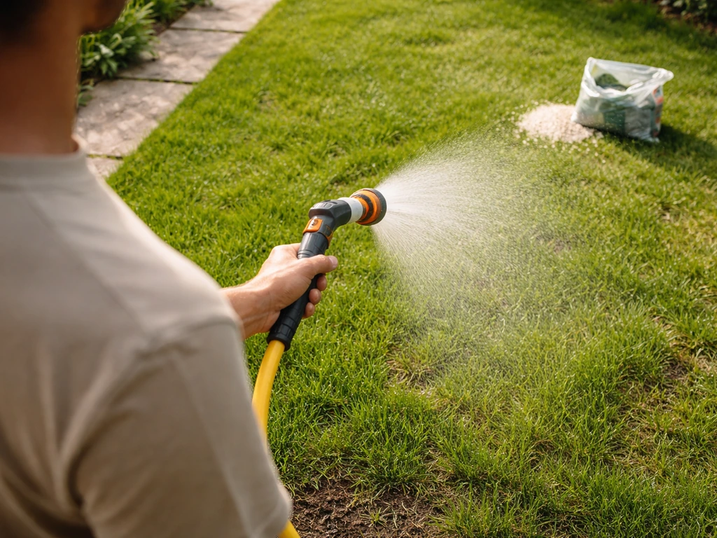 Tuinier besproeit nieuw herplant gras met fijne nevel uit een tuinslang, met bemesting op de achtergrond.