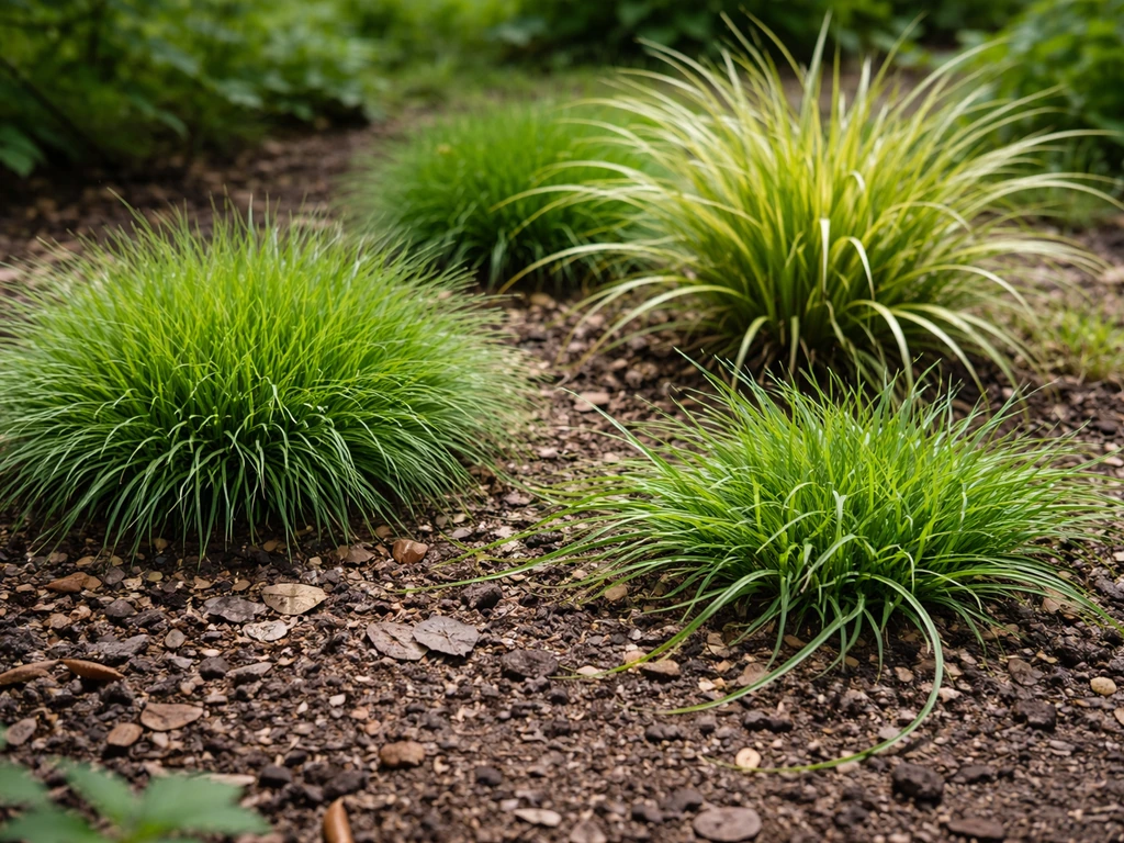 Close-up van verschillende Carex-zegges in de tuin, met zichtbare polletjes en uitlopers.