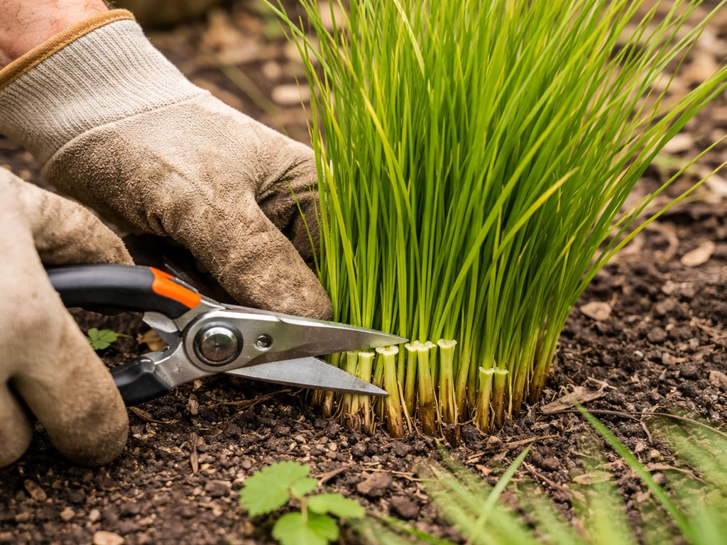 Hand knipt een pol Carex zeggegras terug tot ongeveer 5–10 cm boven de grond.