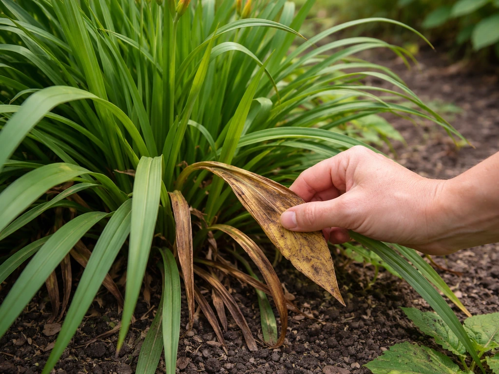 Close-up van een volle plantpol waarbij één bruine, dode blad wordt uitgetrokken of afgeknipt.