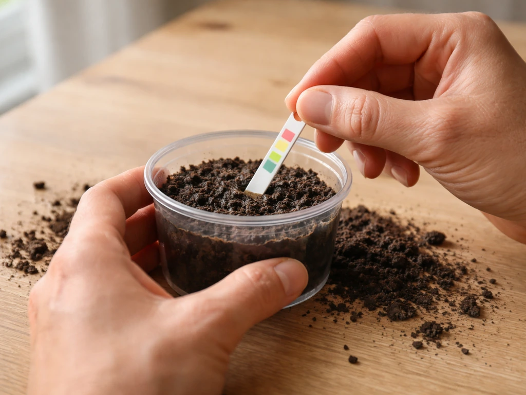Handen die een pH-teststrip in een bodemmonster gebruiken om de zuurgraad te meten
