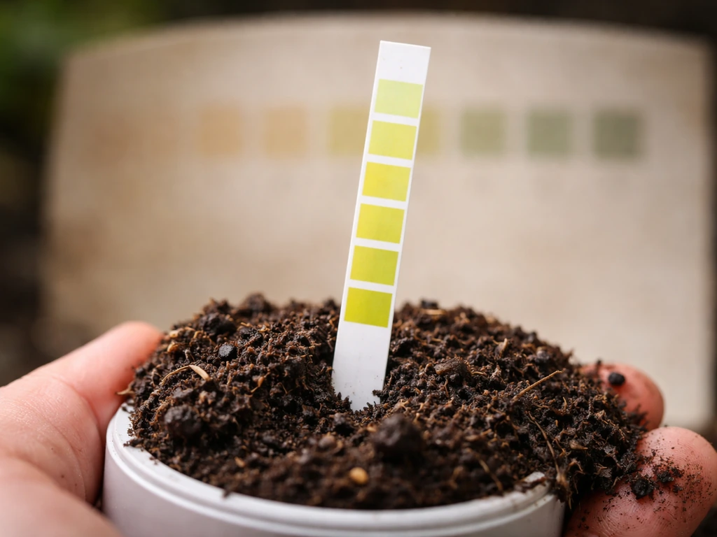 Close-up van pH-teststrook op turf met gele tot groenige tinten die licht zuur naar neutraal aangeven.