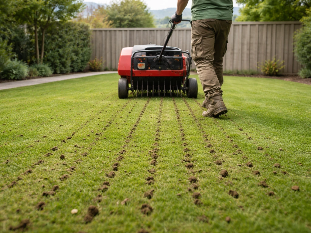 Tuinier die een verti-drain/ prikspitmachine bedient in een gazon om verdichte grond te beluchten