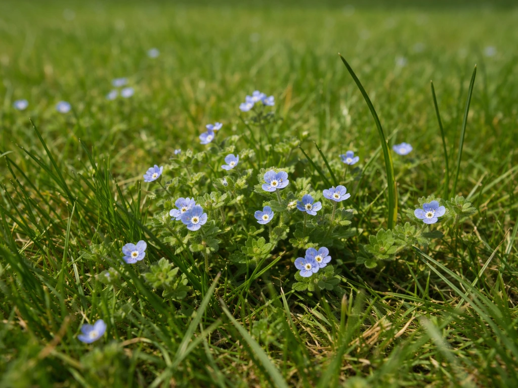 Close-up van blauw bloeiend onkruid tussen het gras in een Nederlands gazon.