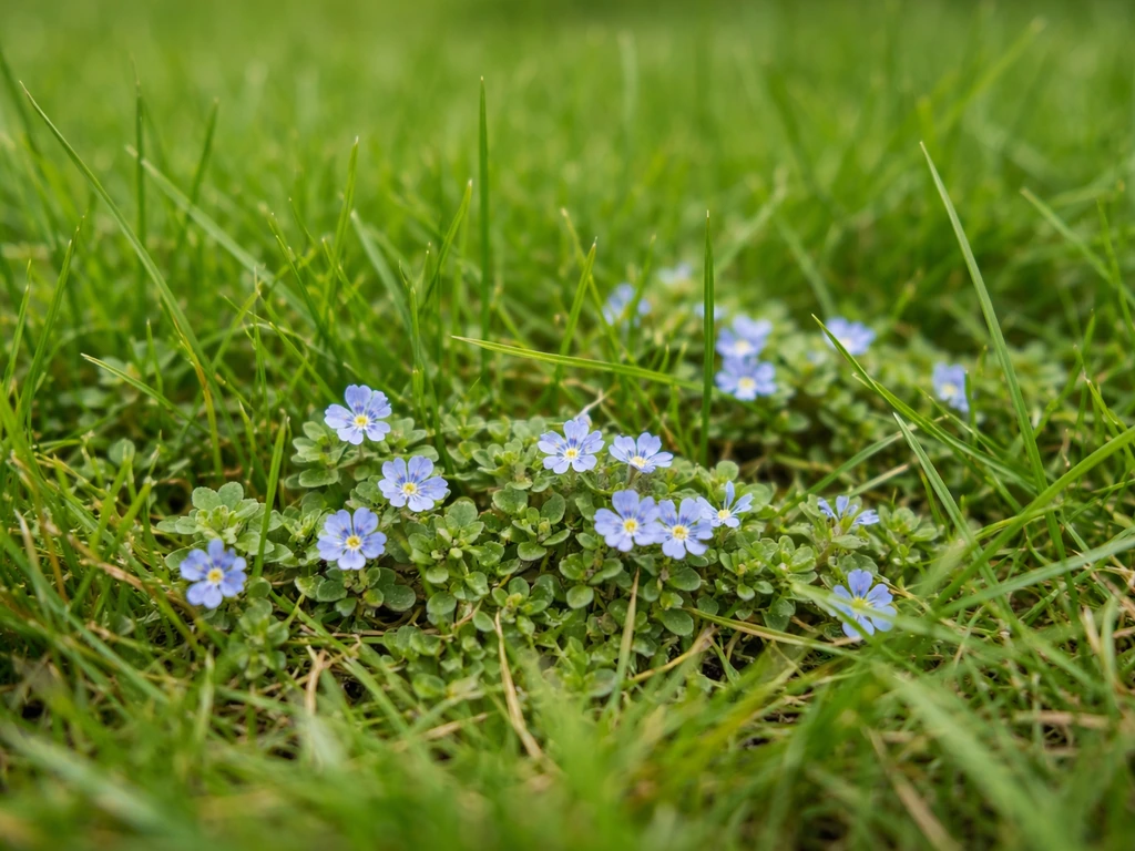 Close-up van lage blauwe bloemetjes tussen grassprieten in een gazon, plukjes onkruid zichtbaar