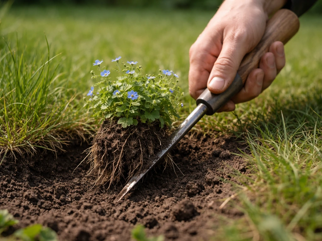 Onkruid met blauwe bloemetjes wordt uitgestoken met een onkruidsteker, wortel zichtbaar naast de graszode.