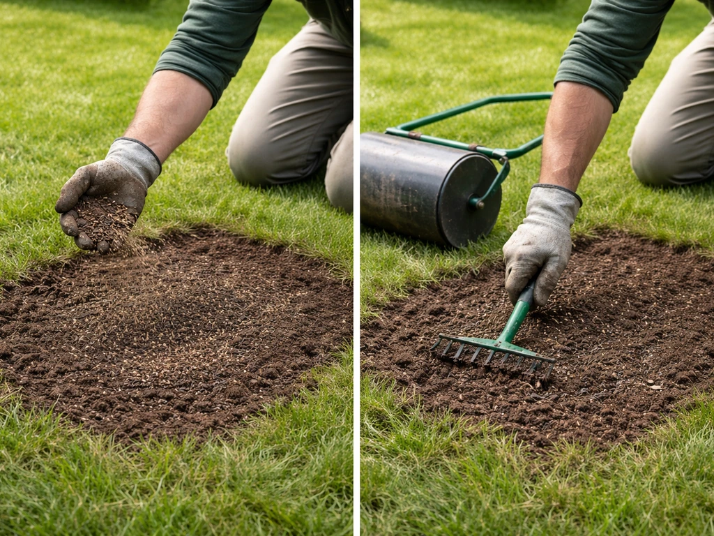 Tuinman zaait graszaad in kale plek na onkruid verwijderen, met licht aanharken en walsen, op gazon.