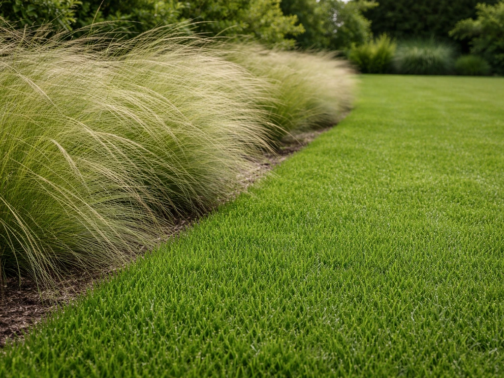 Vergelijking in de tuin: losse pollen ponytail gras naast strak, dicht gazon zonder mensen.