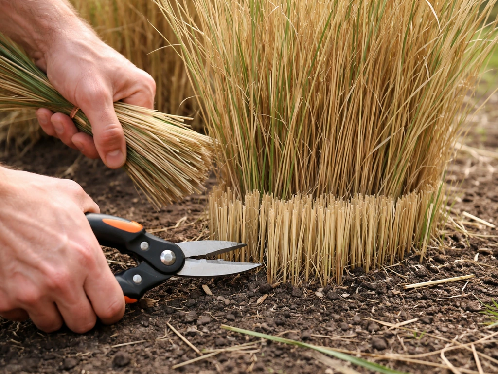 Handen met schaar die Stipa ‘Pony Tails’ terugknippen tot circa 10 cm boven de grond
