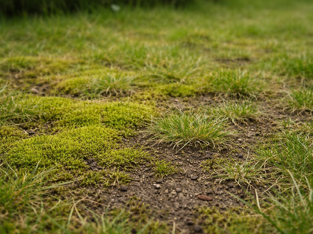 Mosplekken in een gazon met open, verzwakte grasmat en donkere grond zichtbaar.