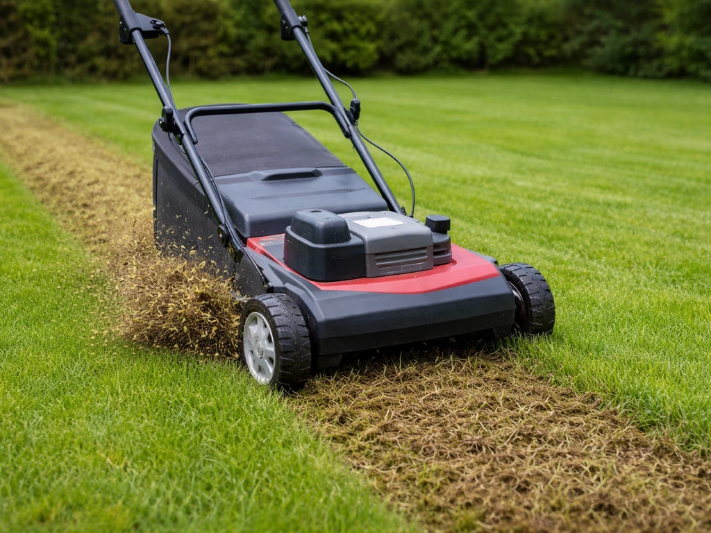 Verticuteermachine die vilt en mos uit de graszode snijdt, met zichtbaar losgekomen groen in één beeld