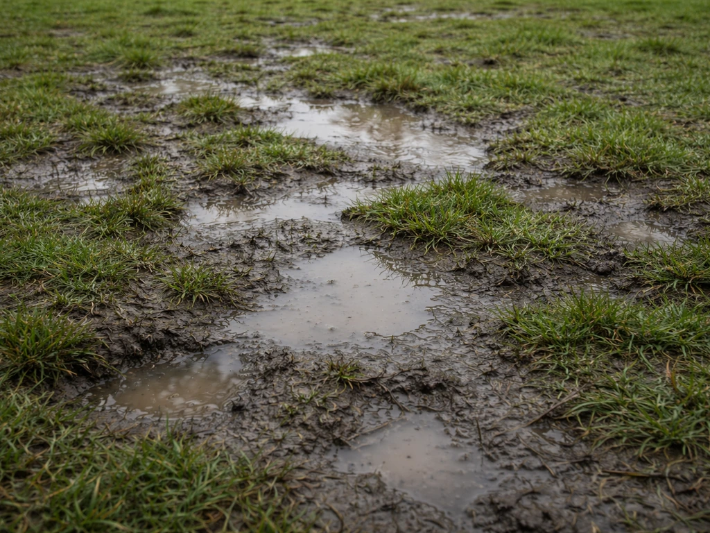 Drassig gazon met plassen en sponsachtige modder, met afgebakende natte plek zichtbaar op gras.