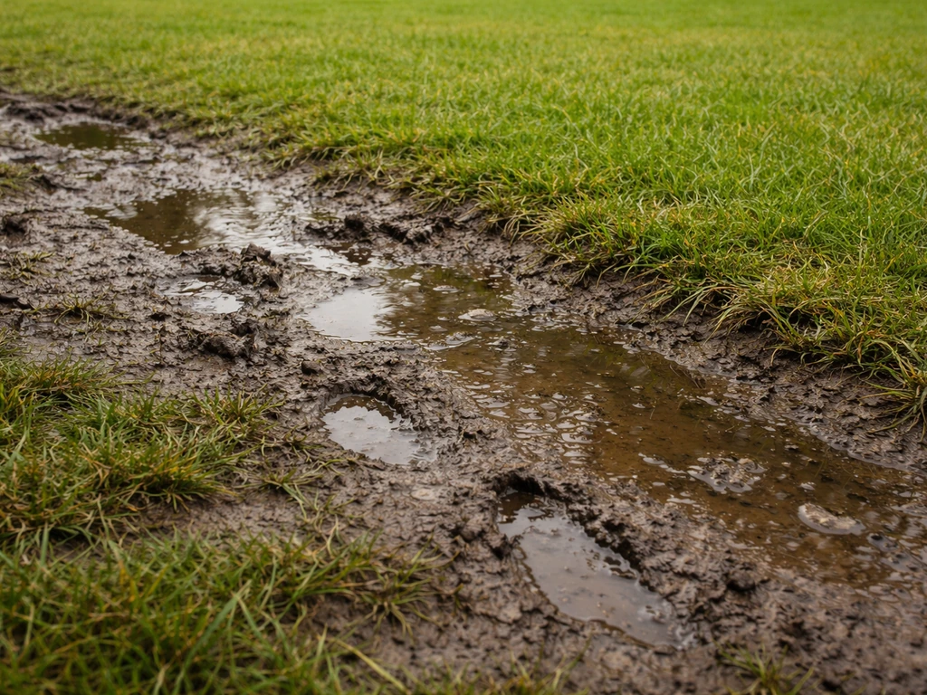 Close-up van drassig gras met plassen en modderige sporen naast een droge rand in het gazon.
