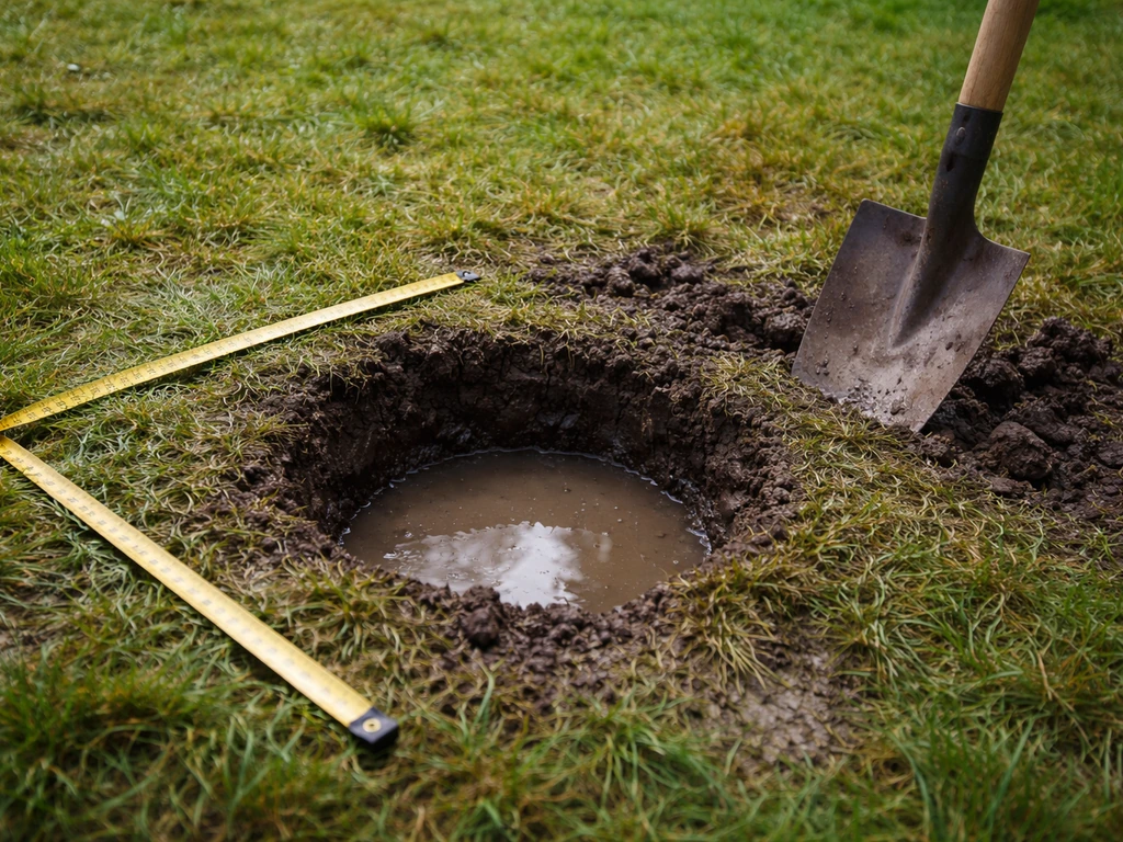 Schep en meetlint op het gazon bij een uitgegraven kuiltje met water, klaar voor bodem- en waterdiagnose