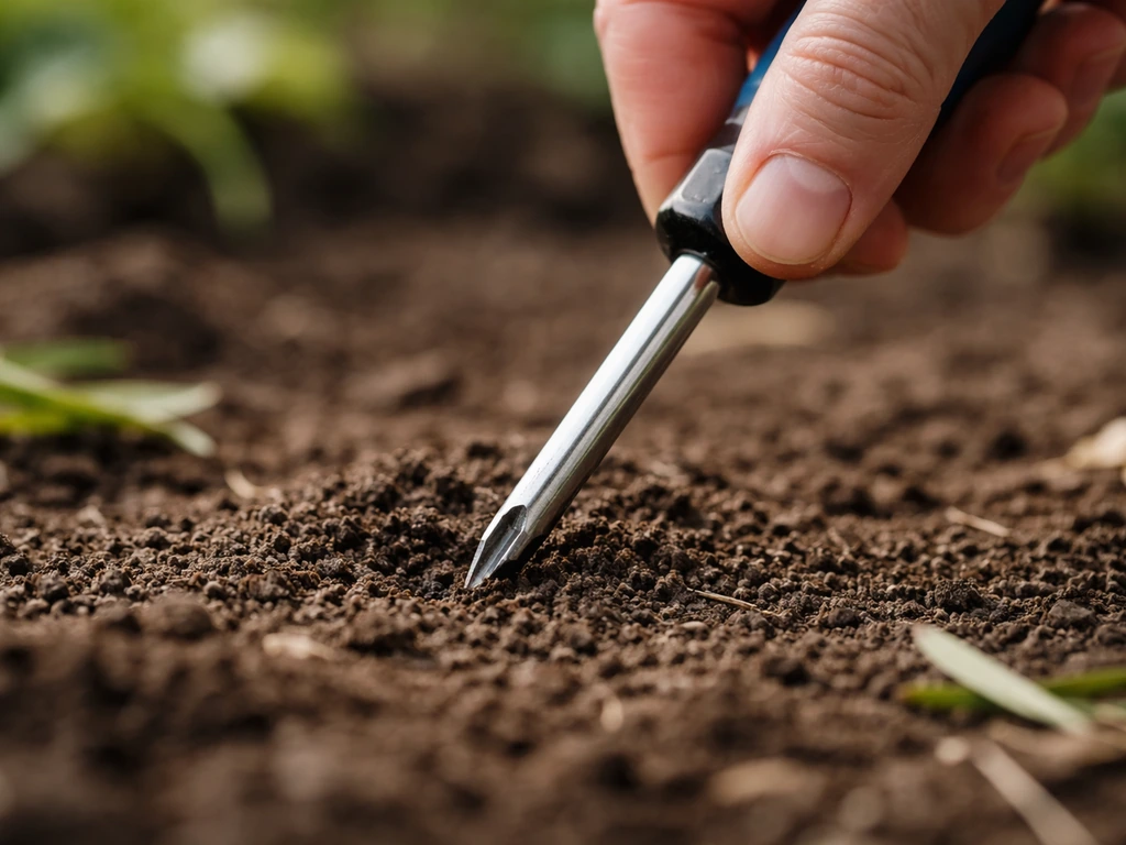 Close-up van een hand die een schroevendraaierpunt in de grond drukt in een tuin, met focus op weerstand.