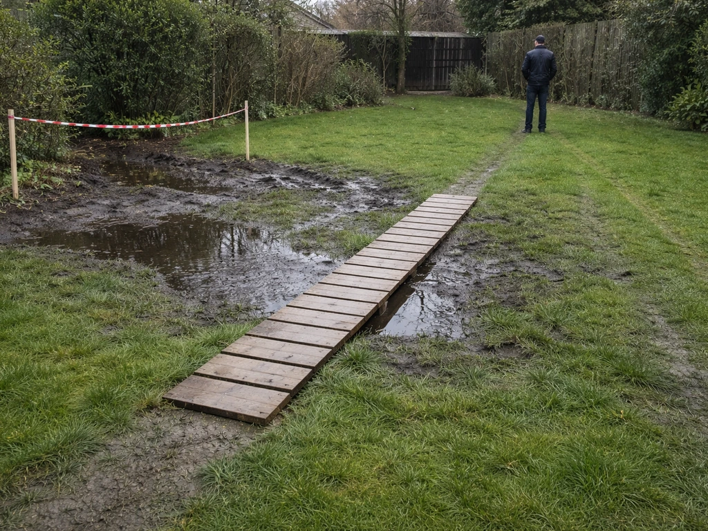 Natte gazonzones met loopplank en afzetlint om betreden te voorkomen, met zichtbare vermeden sporen.