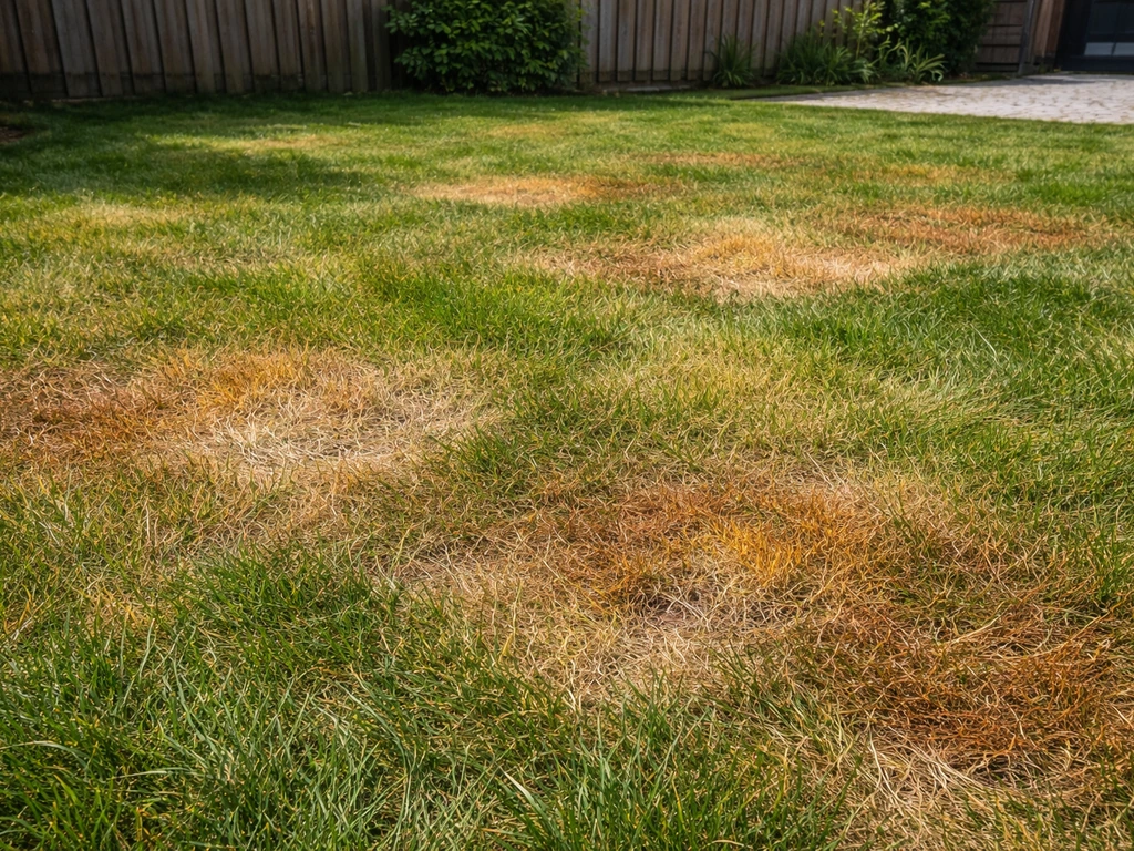 Engels raaigras gazon met meerdere kleurzones: geelgroen, bruin en roest-oranje in een Nederlandse tuin.