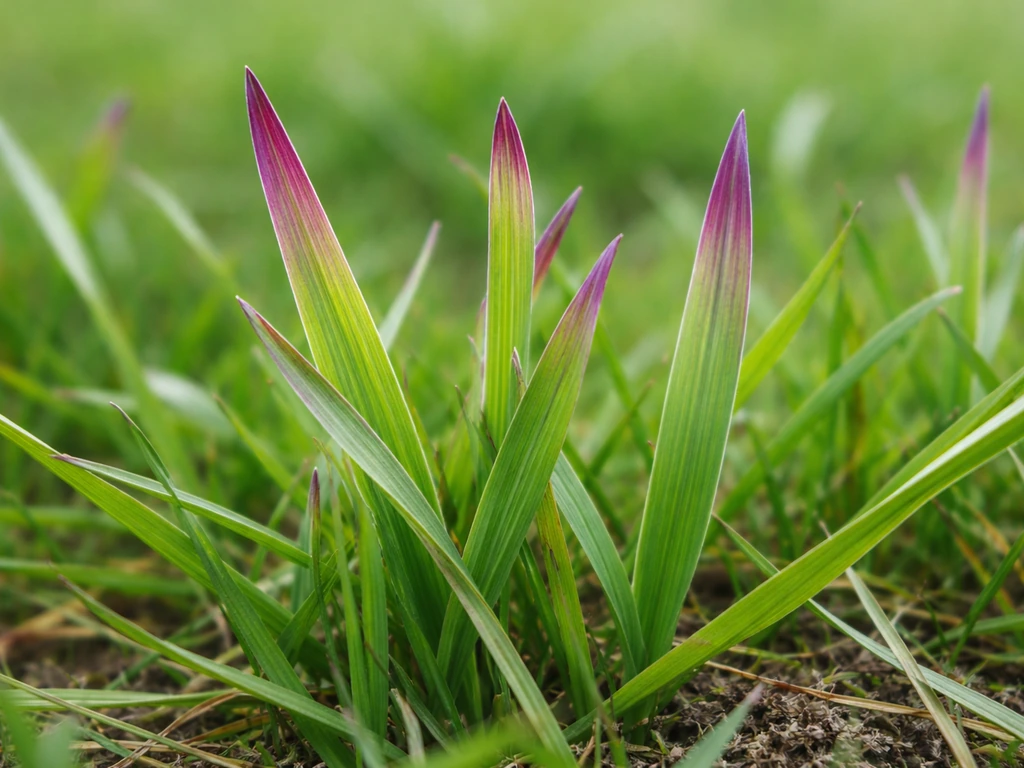 Close-up van Engels raaigras met paars-rood aangelopen bladpunten, scherp gefocust op de verkleuring.